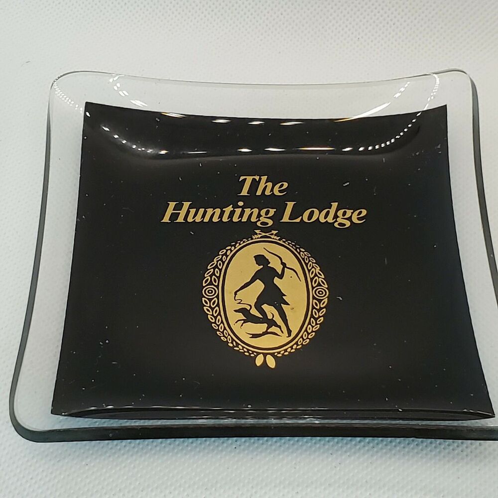 Hunting Lodge Black Gold Square Glass Trinket Dish Souvenir Silhouette Imagery